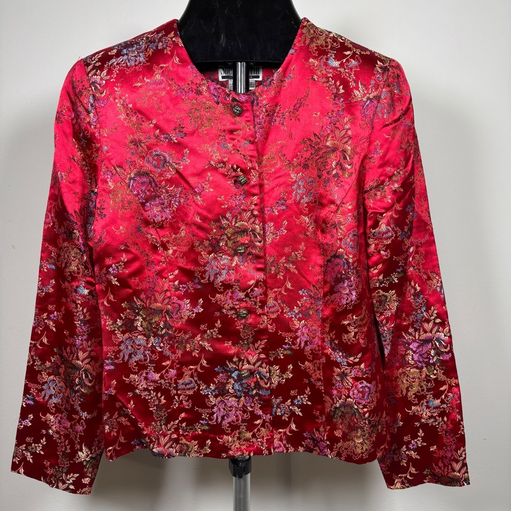 Sheri Martin New York Red Floral Brocade Jacquard Blazer Jacket Vintage Size 10